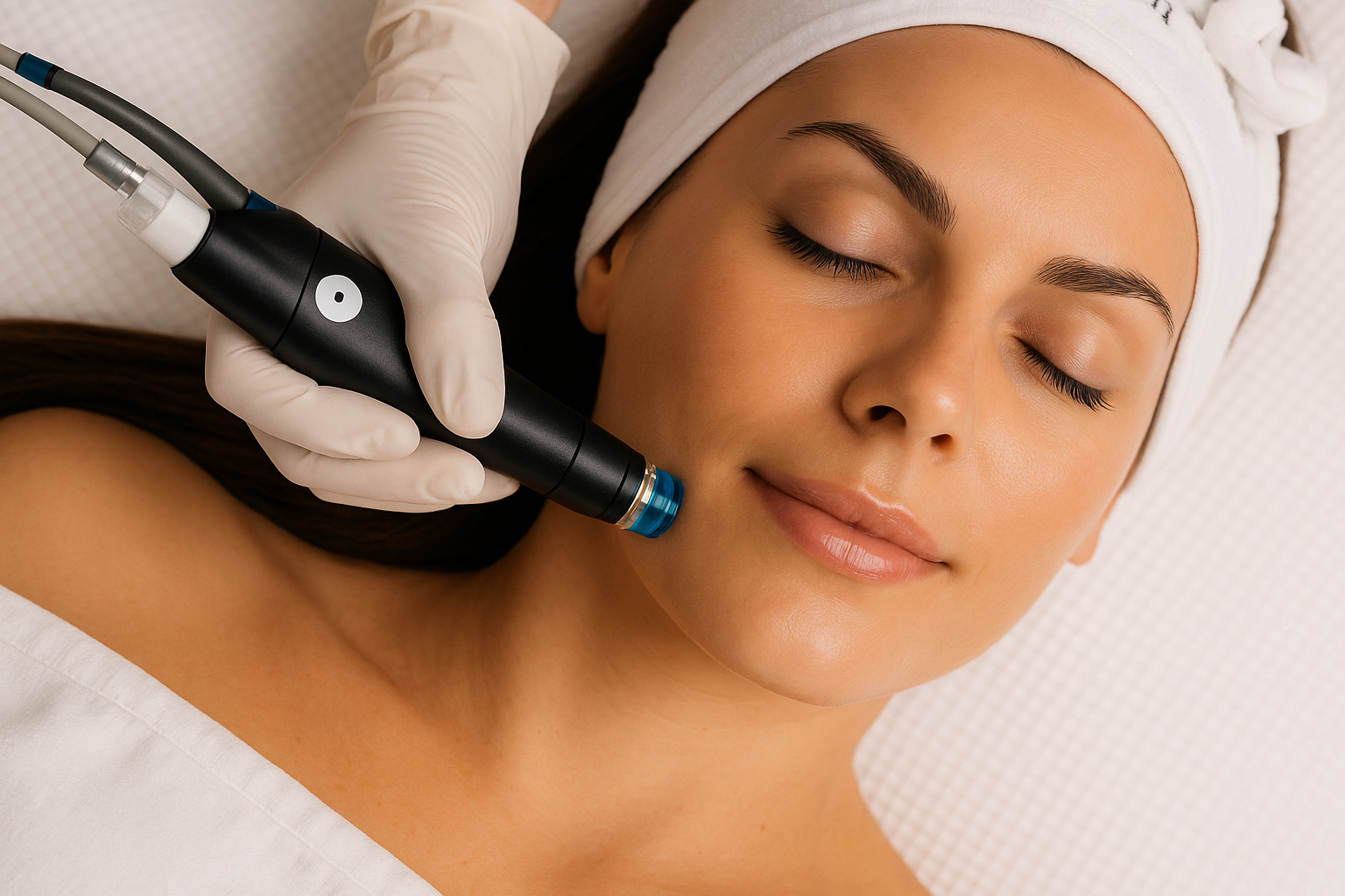 beautiful you kauneushoitola tampere hydrafacial Nainen rentoutuu Hydrafacial-hoidossa kauneushoitolassa, hoitolaite ja hoitotuotteet näkyvissä taustalla.